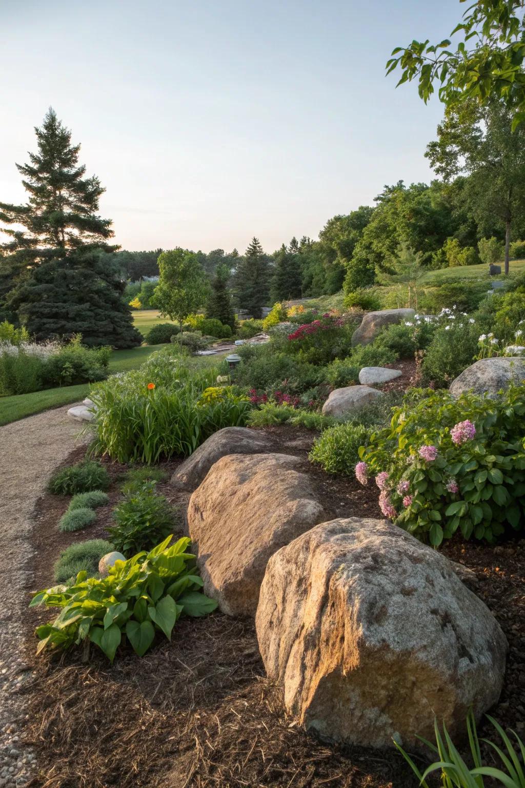 Natural garden accents with boulders and mulch.