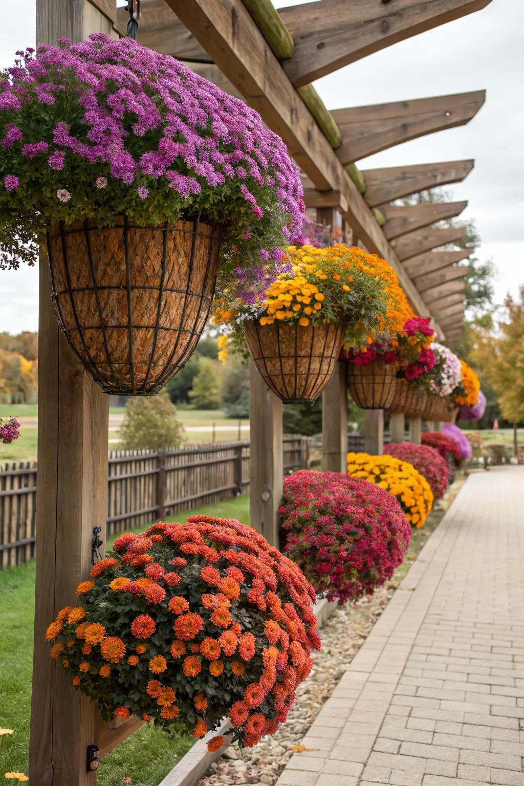 Hanging baskets with mums add vertical interest to any space.
