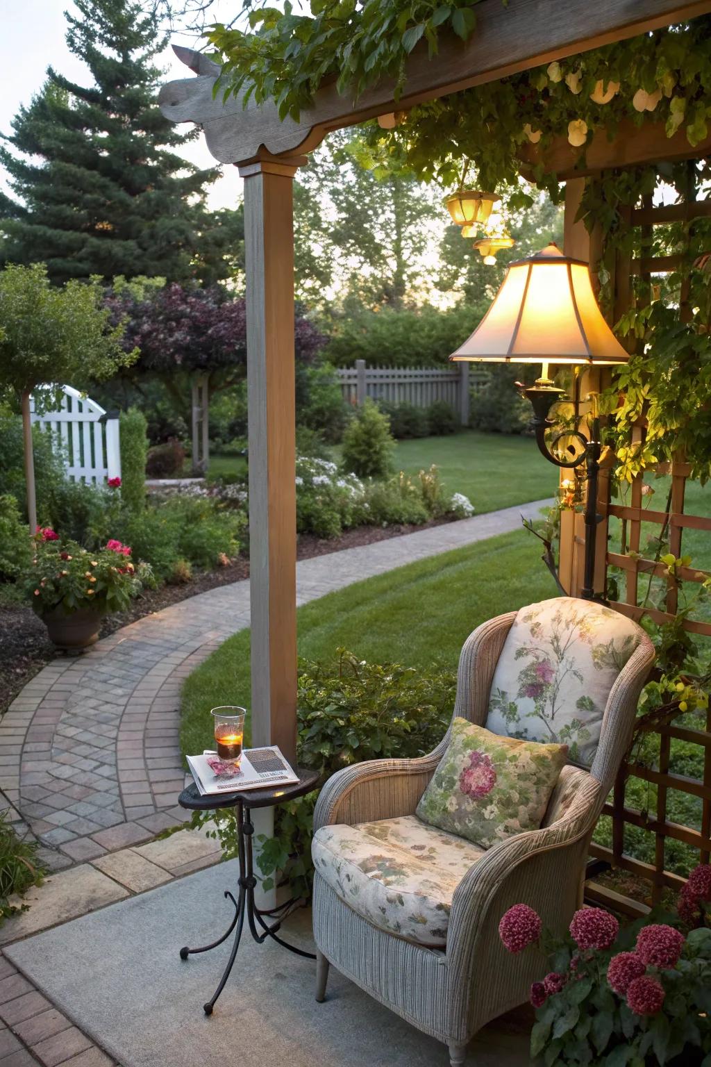 A cozy reading nook offers peaceful retreat.