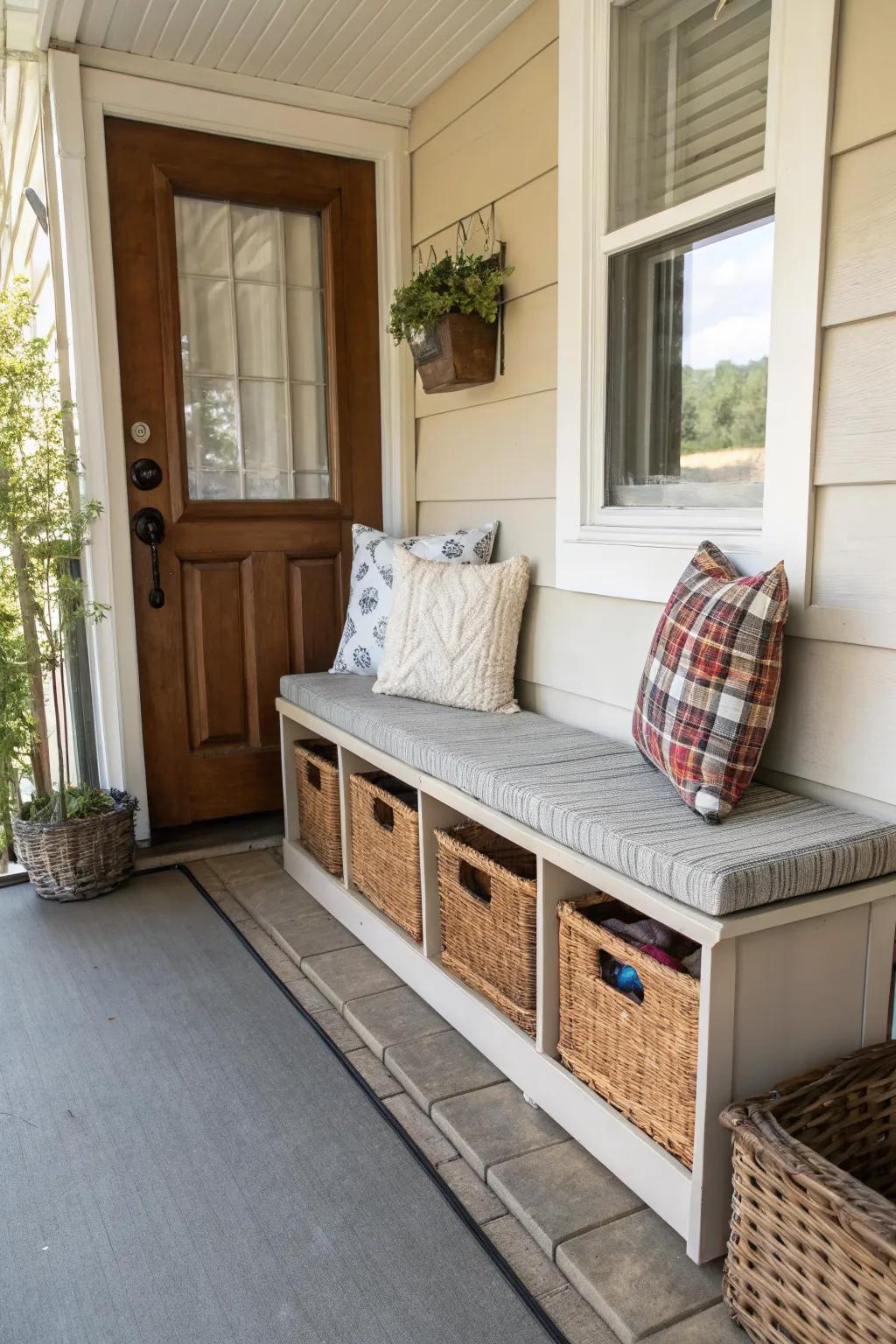 Storage furniture keeps a narrow porch tidy and functional.