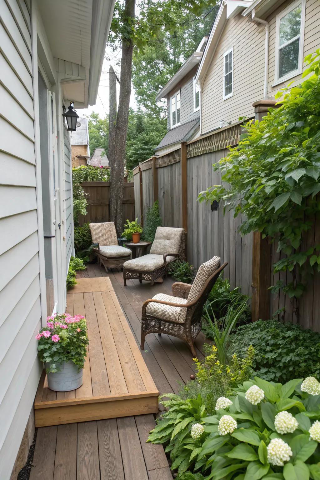 A small deck adds warmth and function to a narrow space.