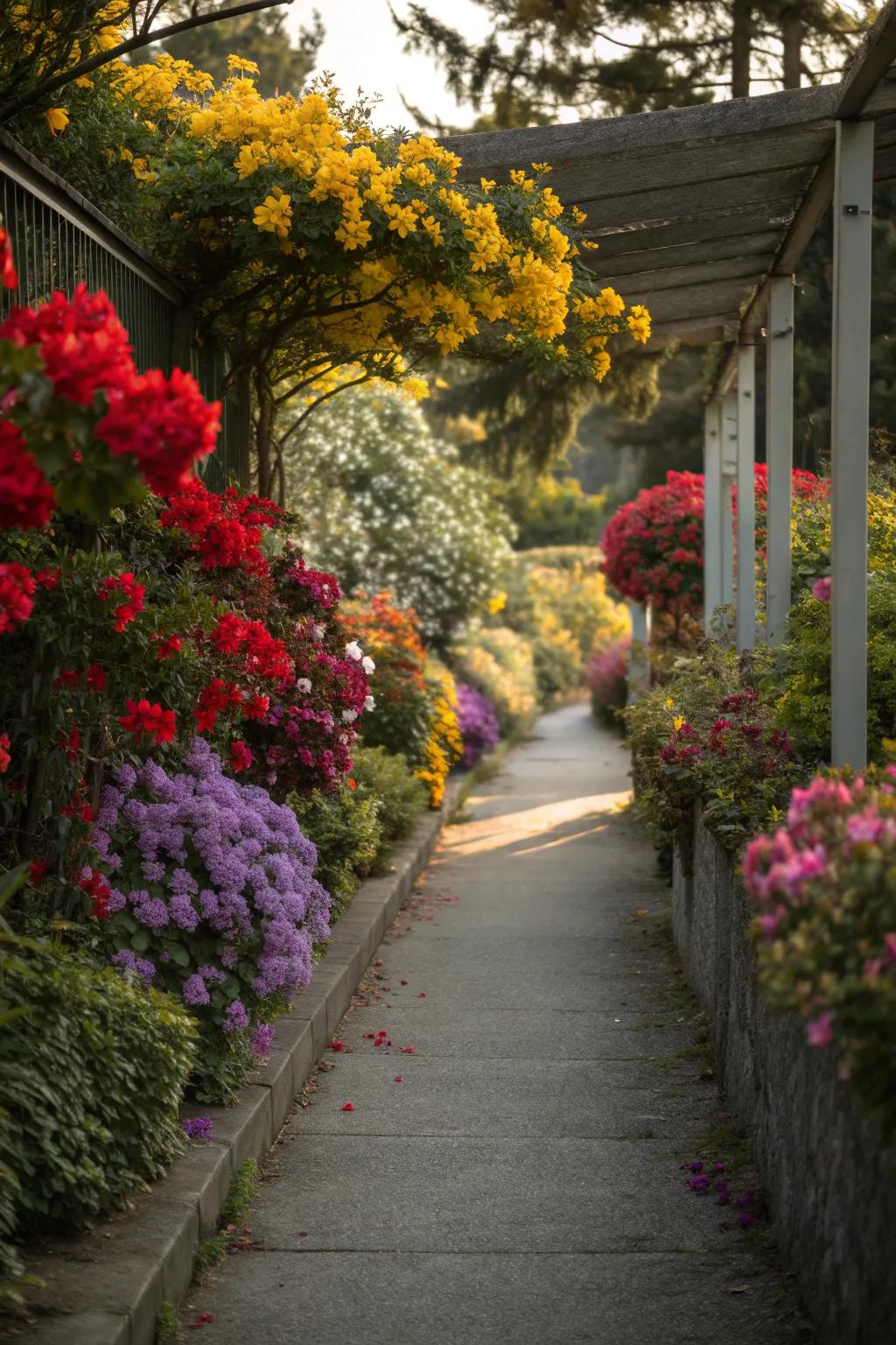 A narrow walkway lined with colorful seasonal flowering plants.