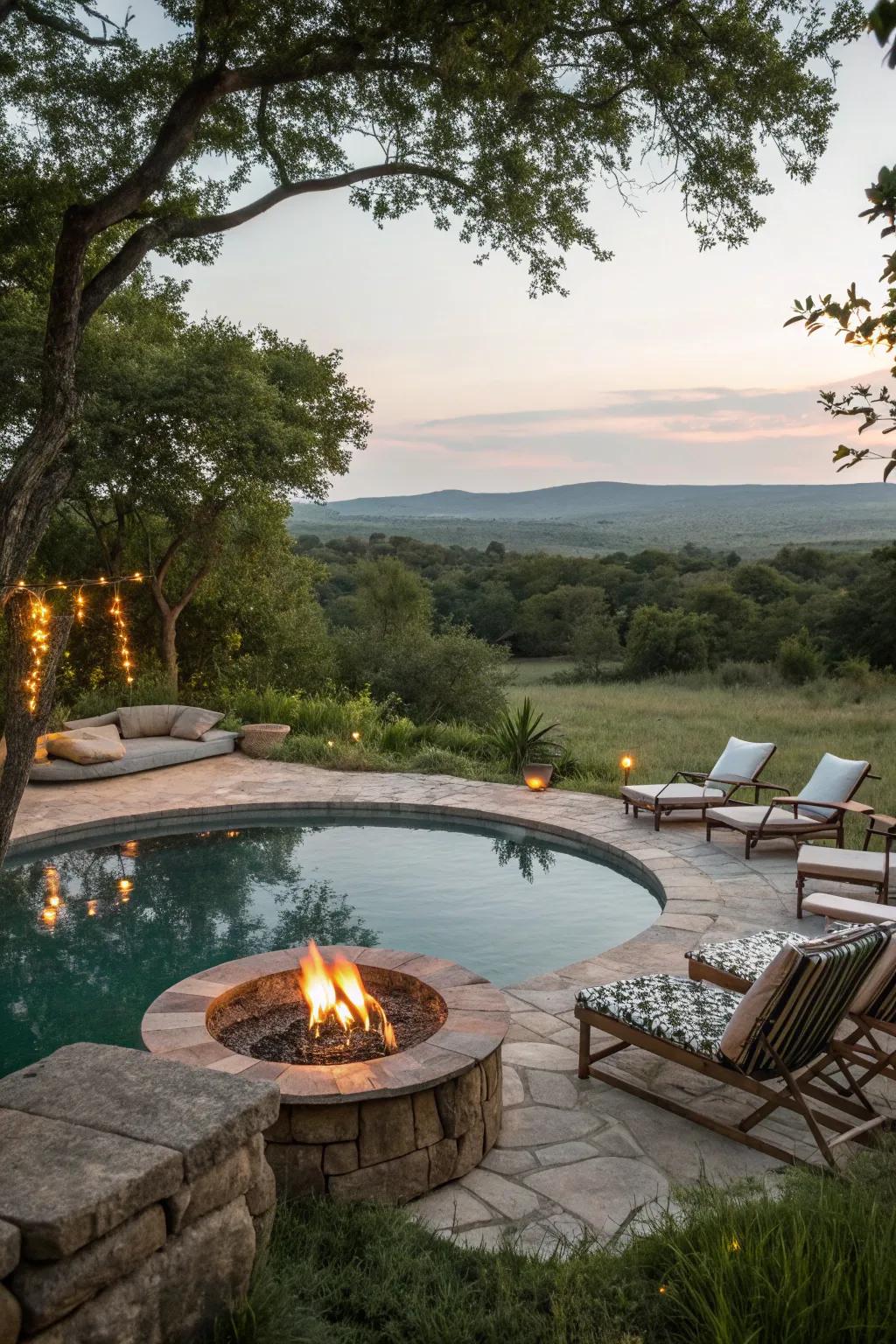 A fire feature creates warmth and ambiance beside the pool.