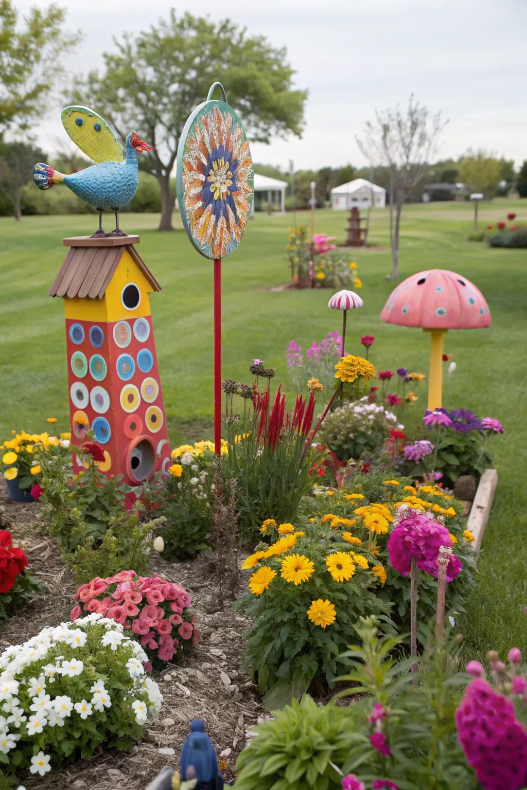 Creative yard art adds personality and charm to any garden.