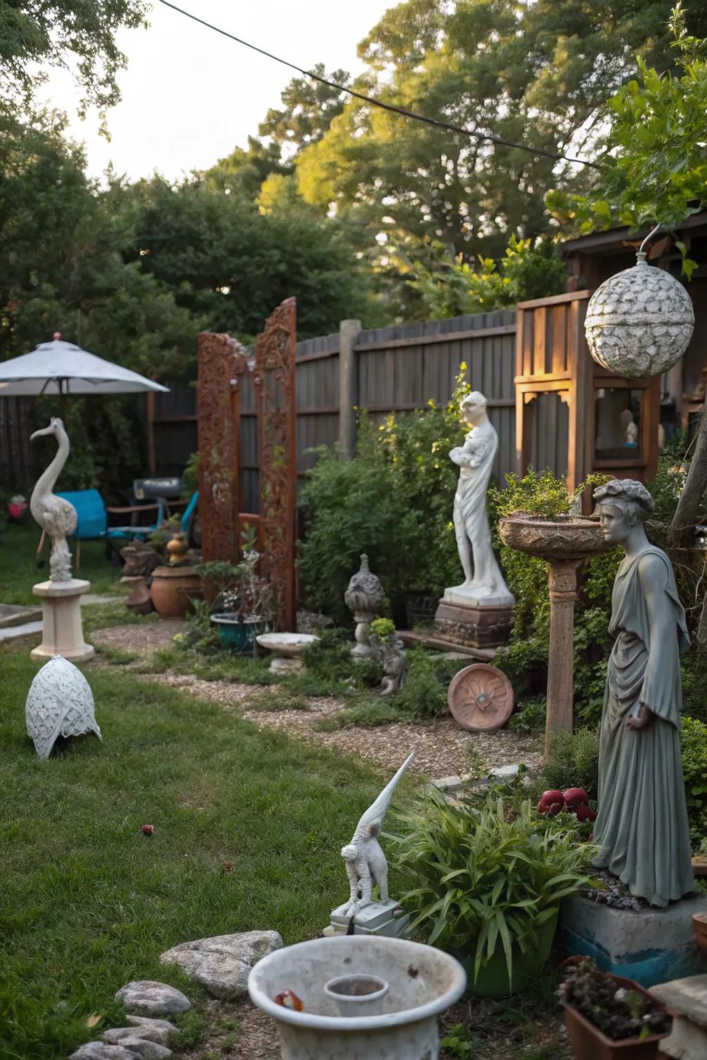Artistic sculptures add personality and whimsy to your outdoor space.