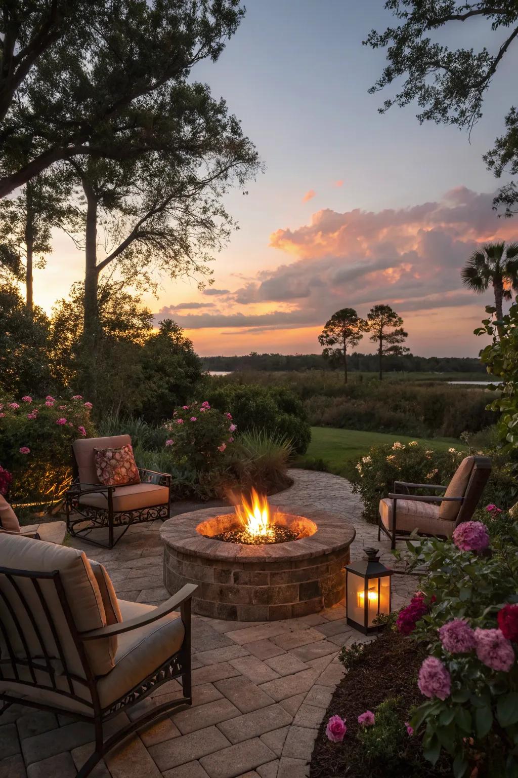 A fire pit becomes a cozy gathering spot in a North Florida backyard.