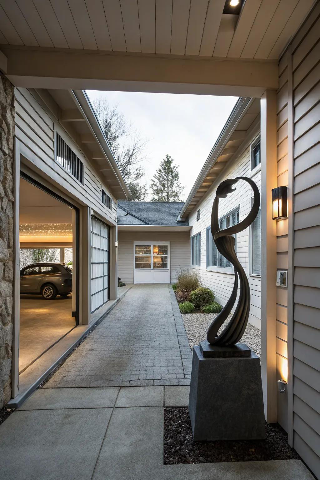 Sculptural elements add sophistication and intrigue to breezeways.