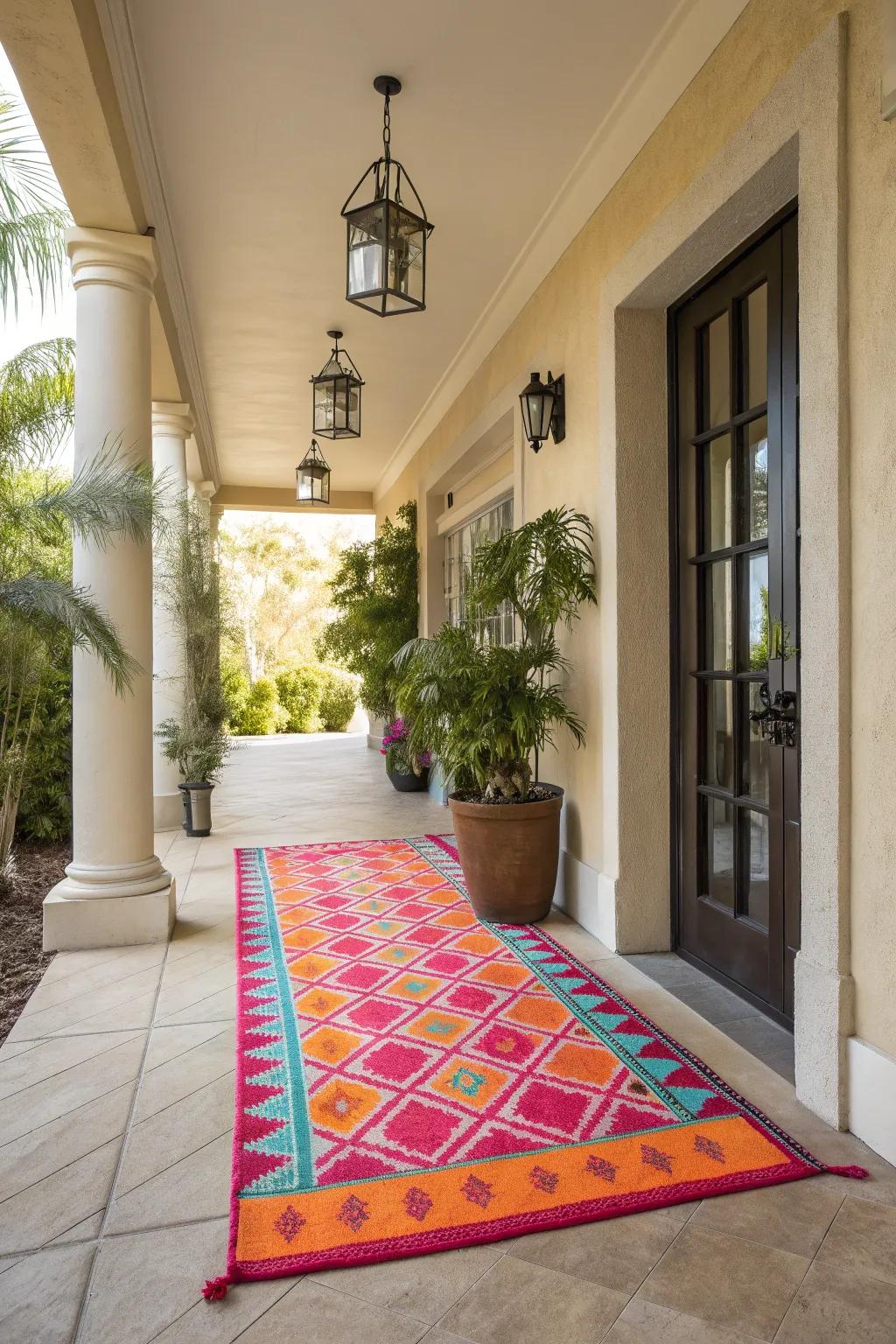 An outdoor rug adds comfort and style to your breezeway.