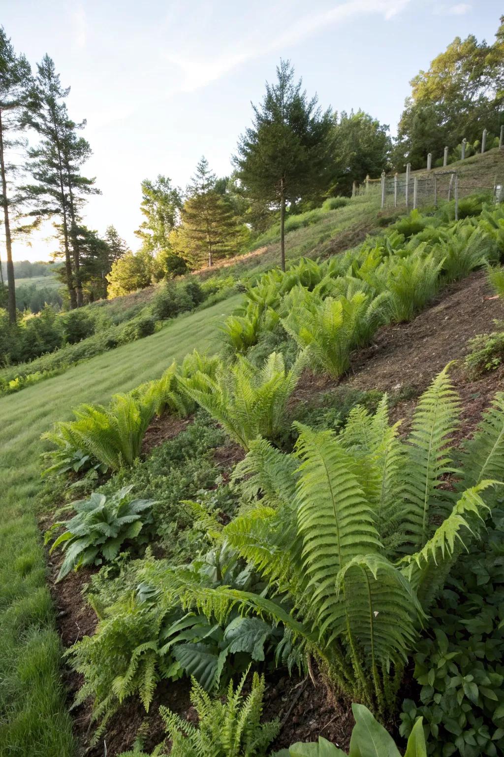 Ostrich ferns elegantly transforming a garden slope.
