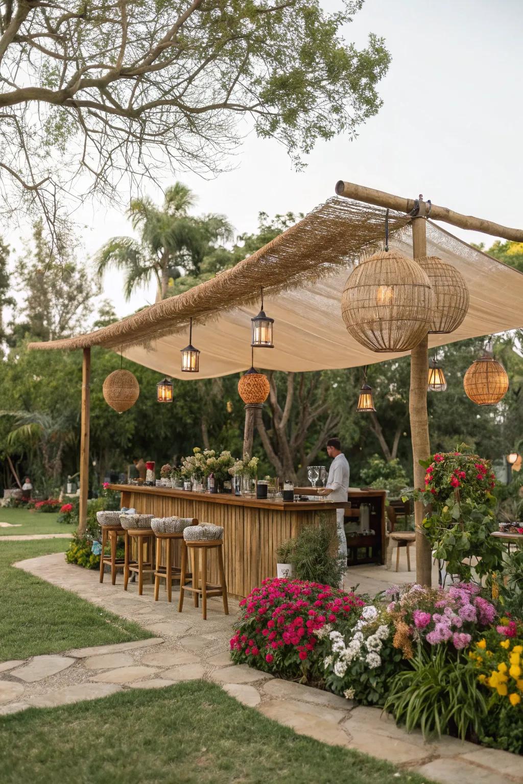 Natural fiber canopies offer an earthy and bohemian touch to your outdoor bar.