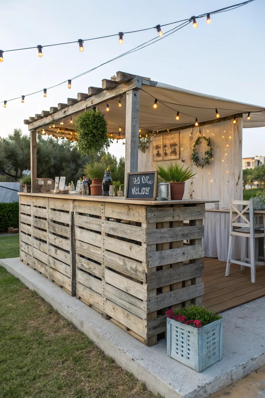 A DIY pallet bar offers charm and budget-friendliness.