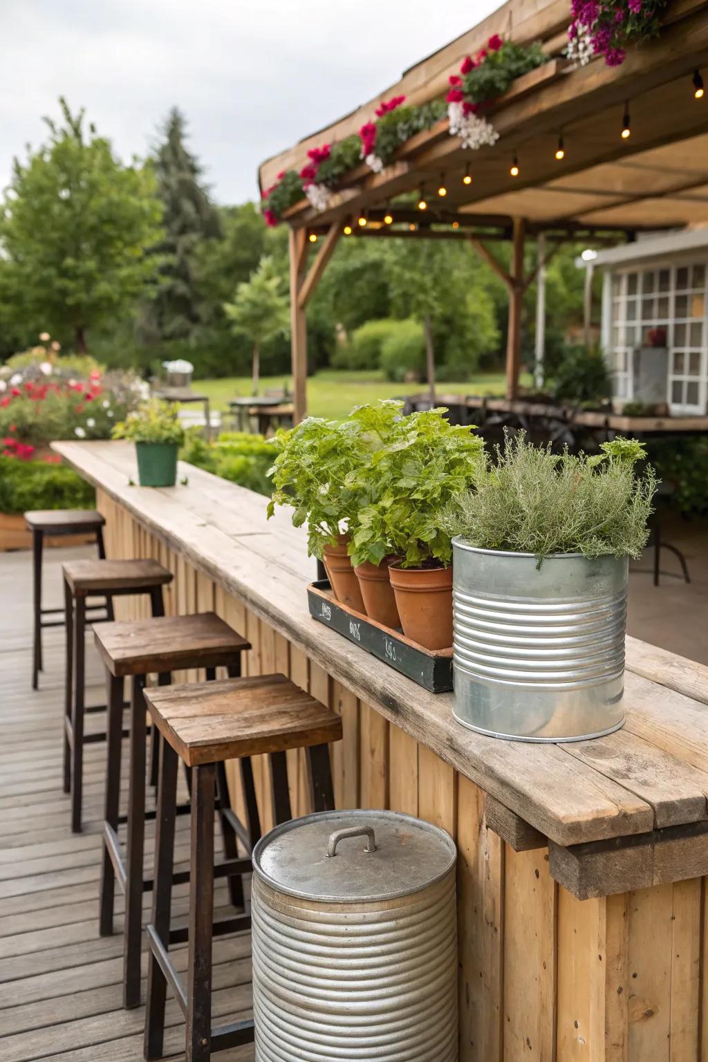 Upcycled planters add greenery and fresh ingredients to your bar setup.