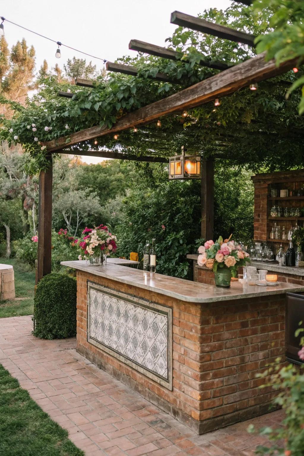 Vintage charm with a glazed brick bartop.