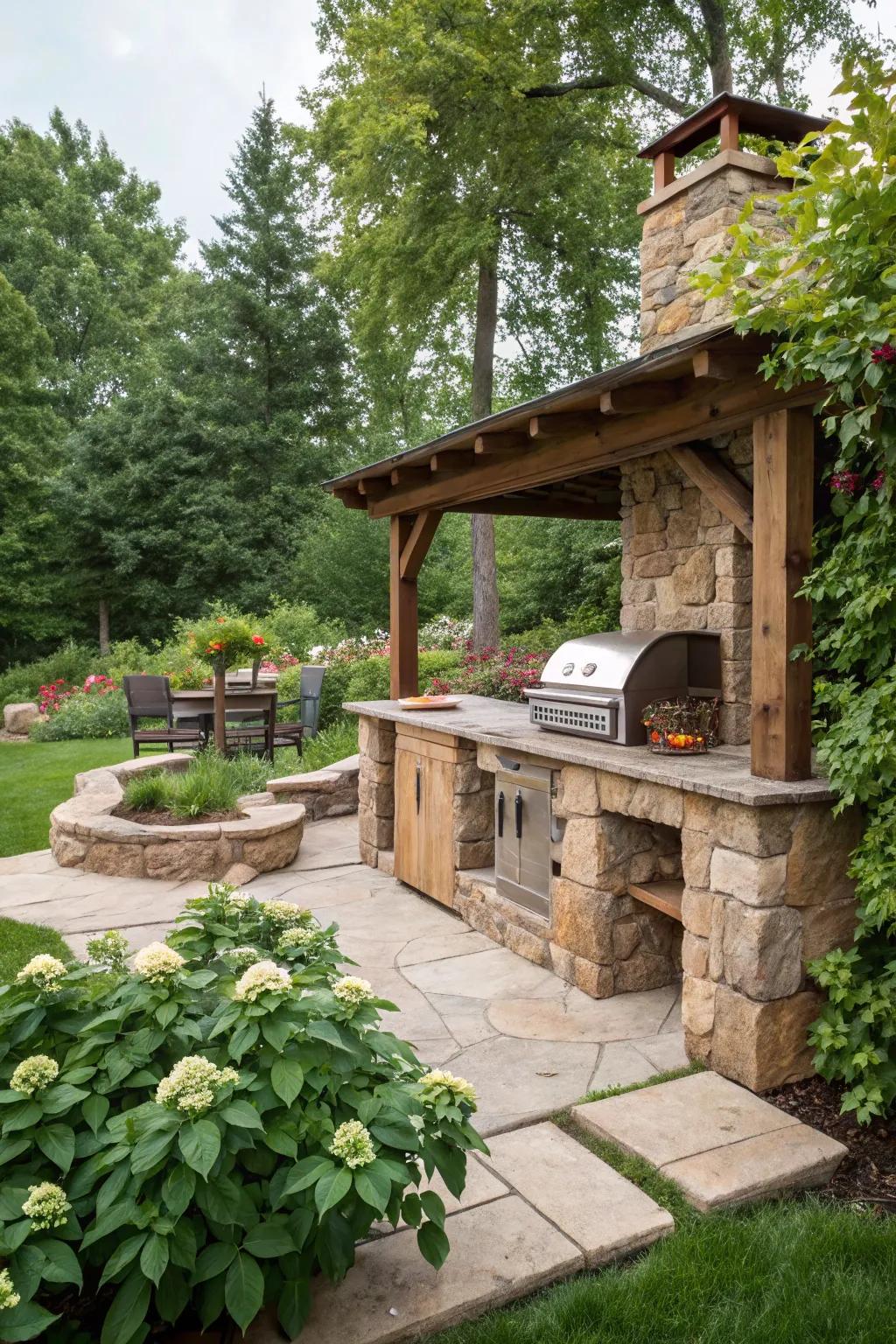 Achieve a rustic yet refined look with natural stone and wood.