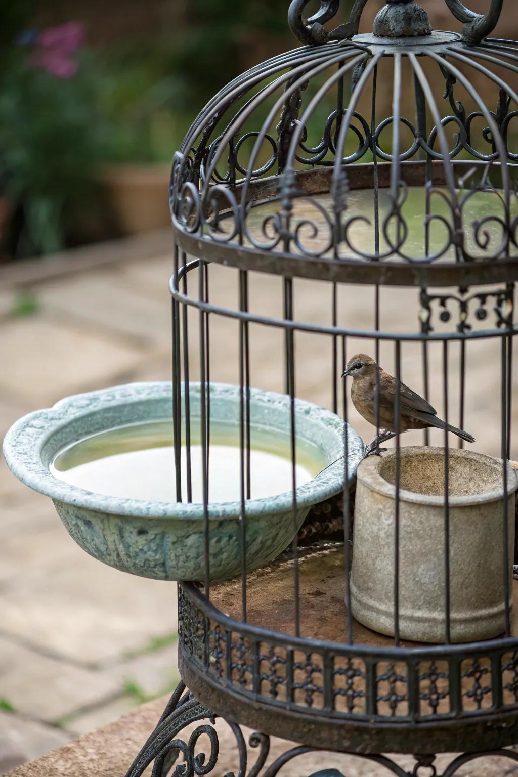 A built-in bird bath adds playfulness and charm.