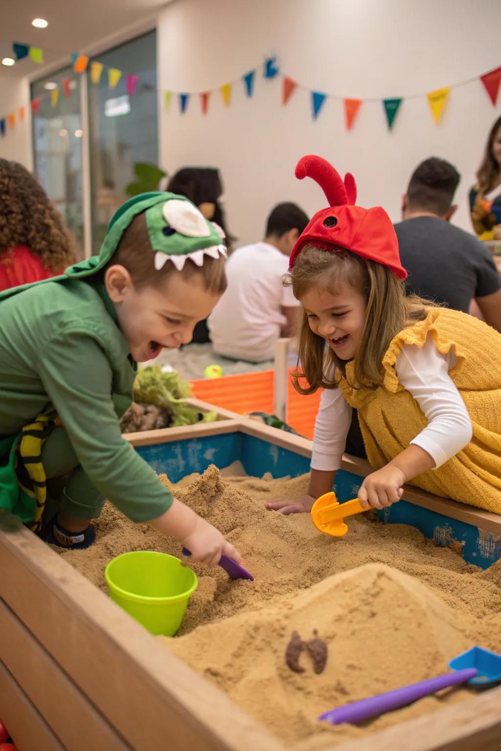 Young paleontologists eagerly uncovering dinosaur fossils in a sandbox dig.