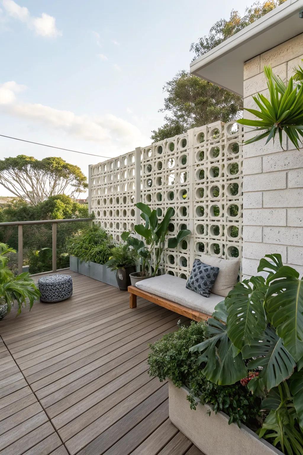 A chic deck accentuated by a breeze block wall
