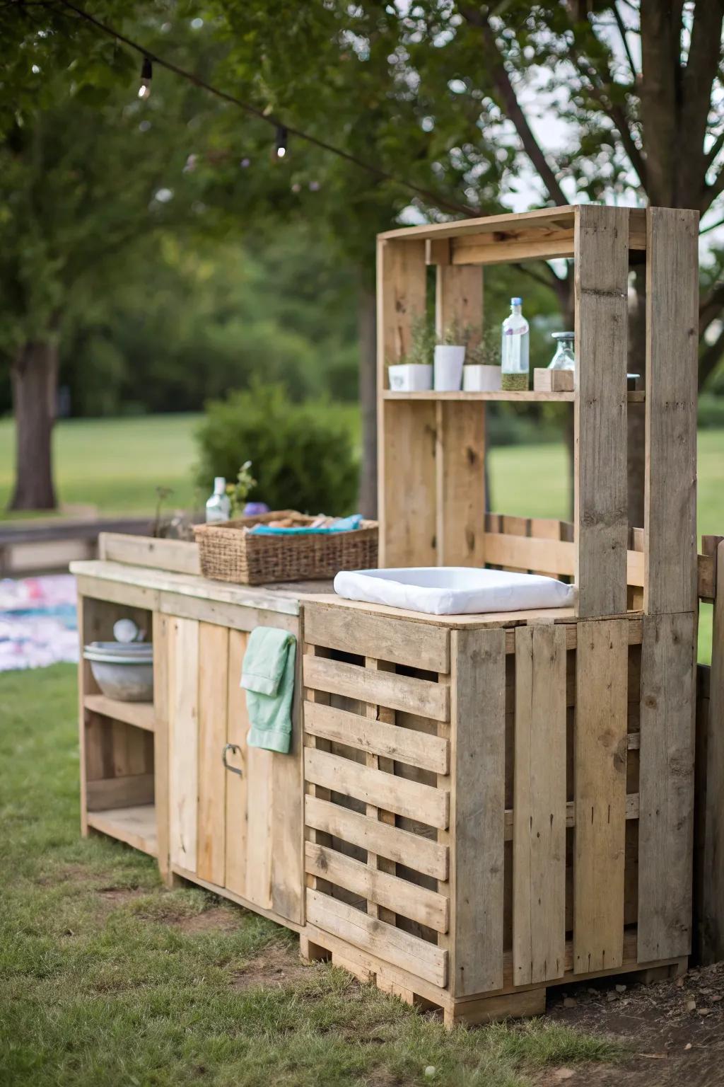 Budget-friendly and stylish: upcycled pallets as changing station walls.