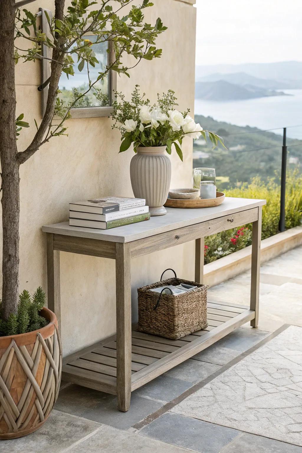 Sophisticated simplicity with neutral tones on the console table.