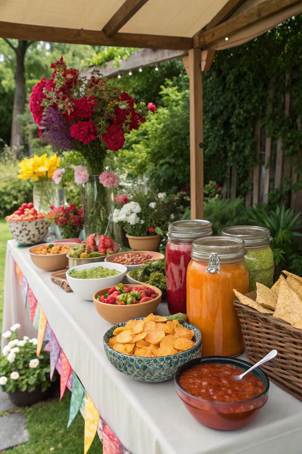 An interactive salsa bar allows guests to customize their own flavorful dips.