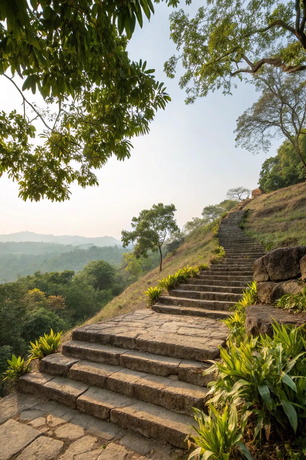 Flagstone steps offer a warm, natural path up a hillside.