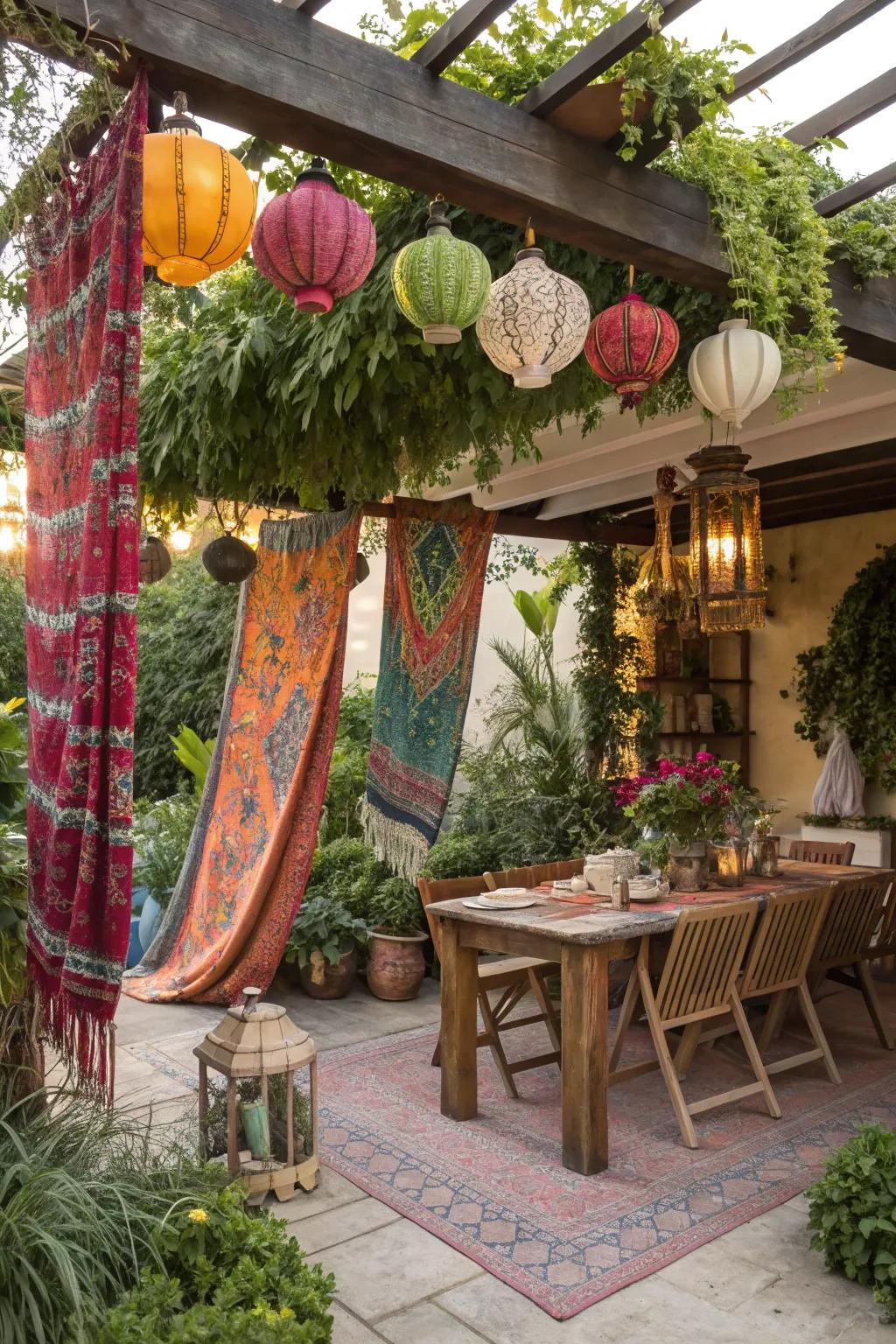 Bohemian vibes create a relaxed and inviting pergola space.