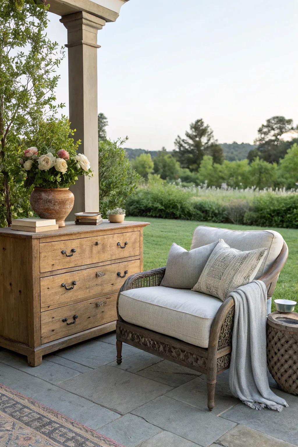 A serene reading nook created with a dresser and outdoor seating.