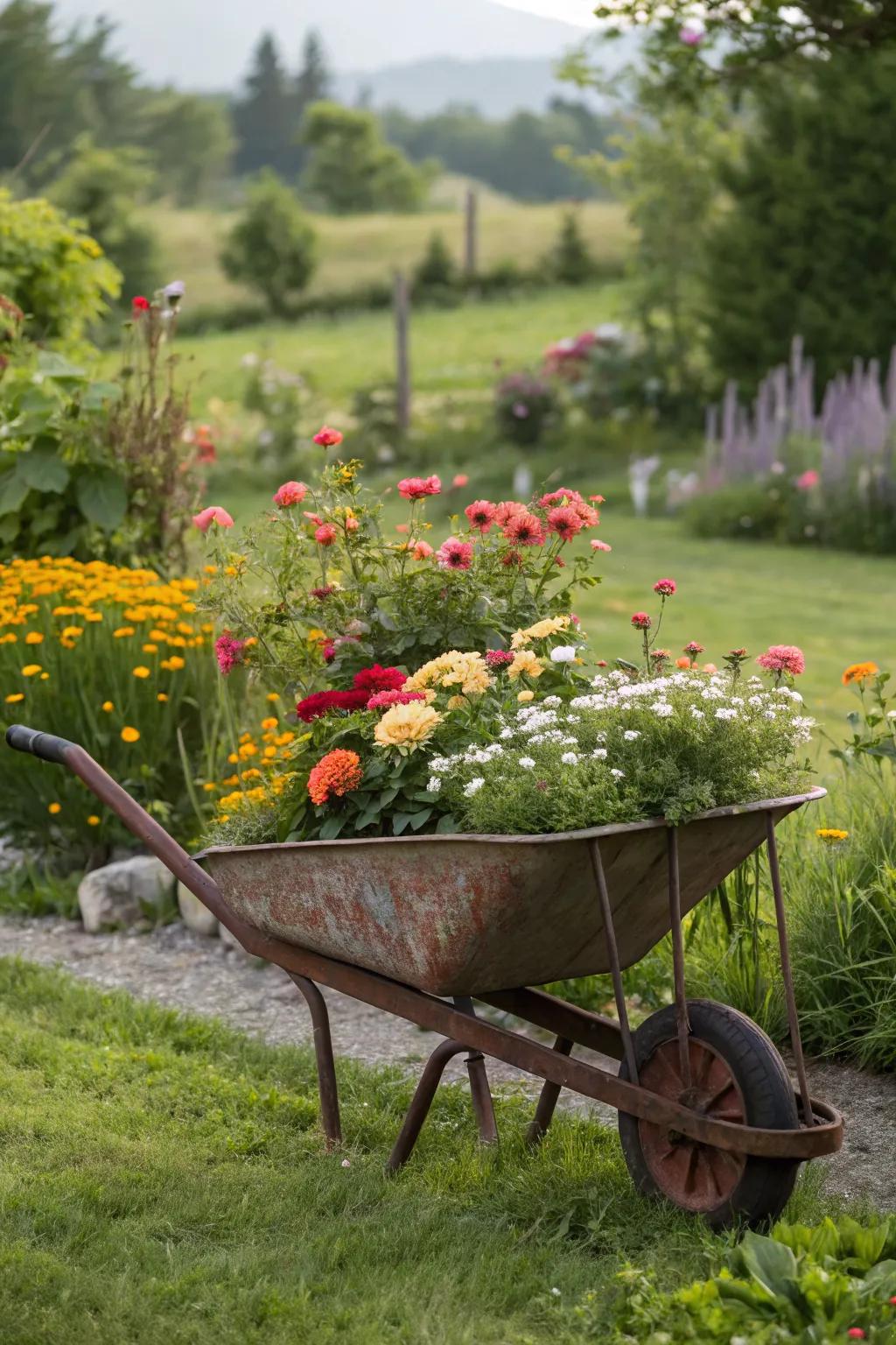 A wheelbarrow table brings rustic charm and creativity to your garden decor.