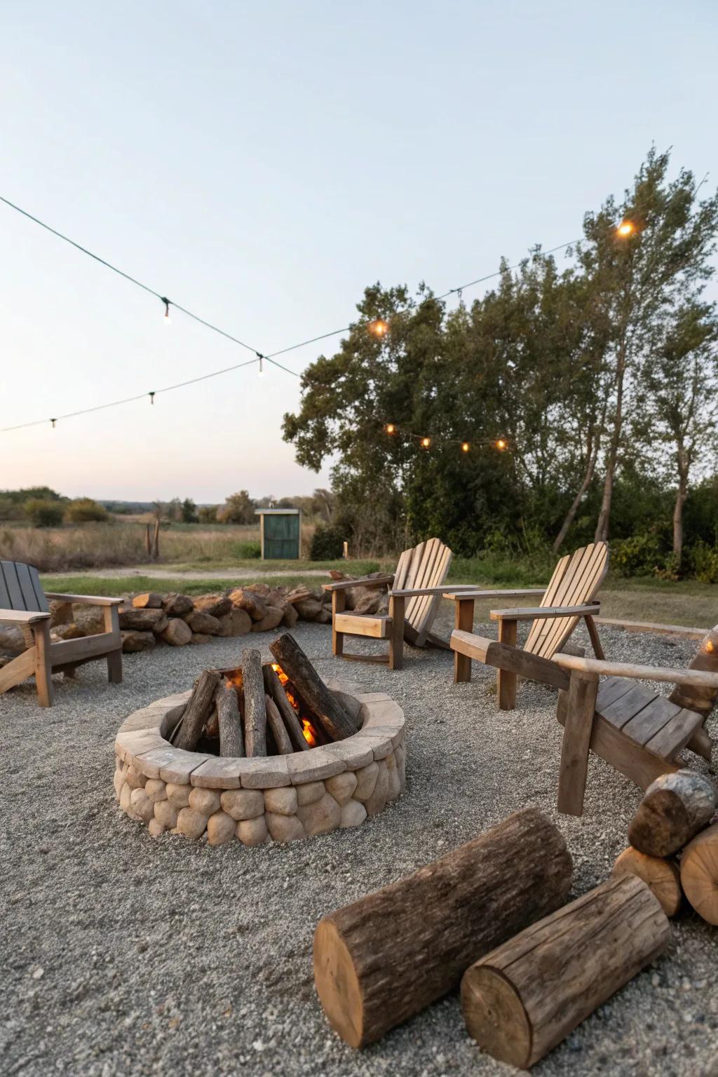 A gravel base gives a rustic and laid-back feel to a fire pit area.