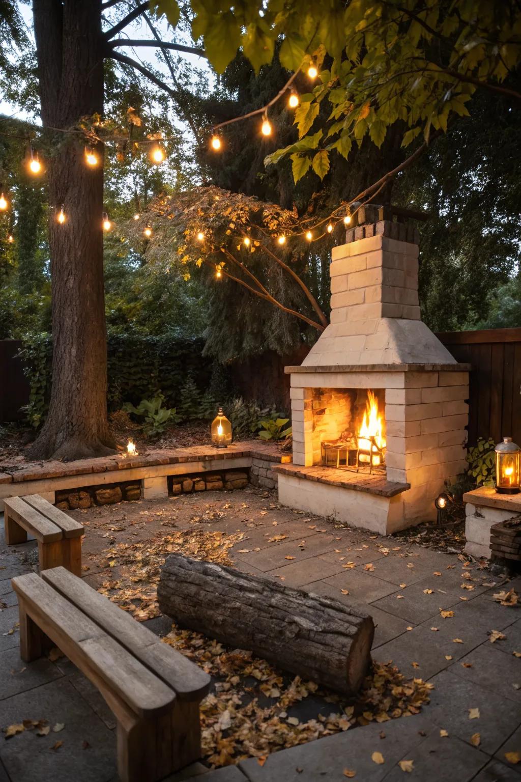 A magical outdoor fireplace illuminated with soft, warm lighting for nighttime allure.