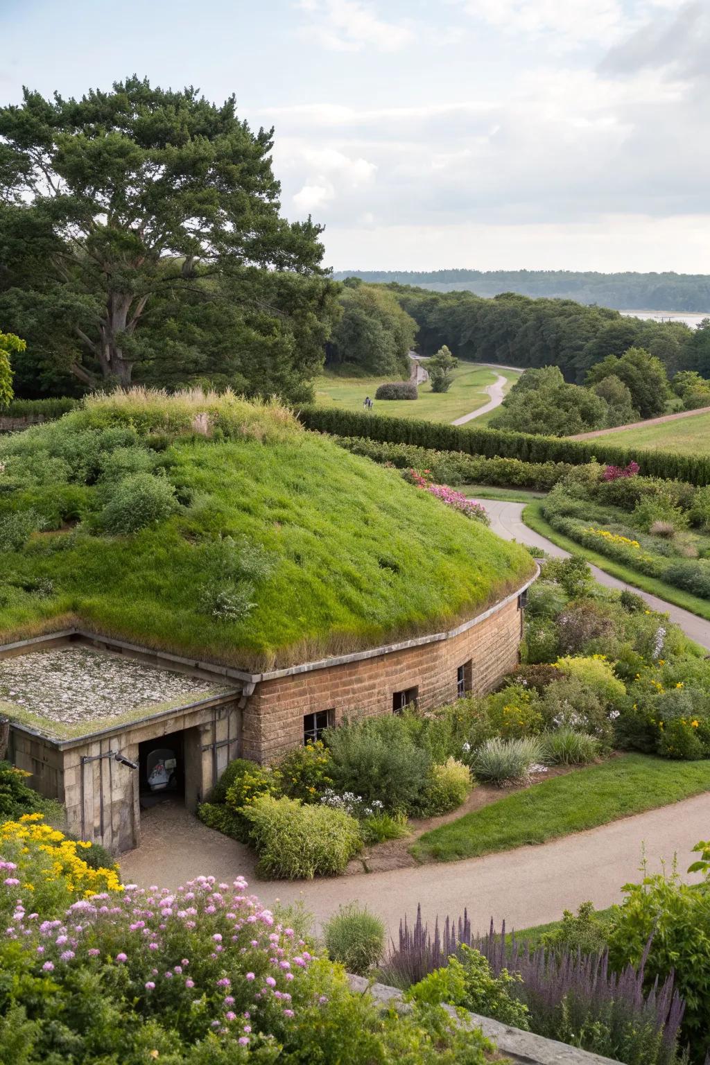 A fort featuring a green roof, blending naturally with its surroundings.