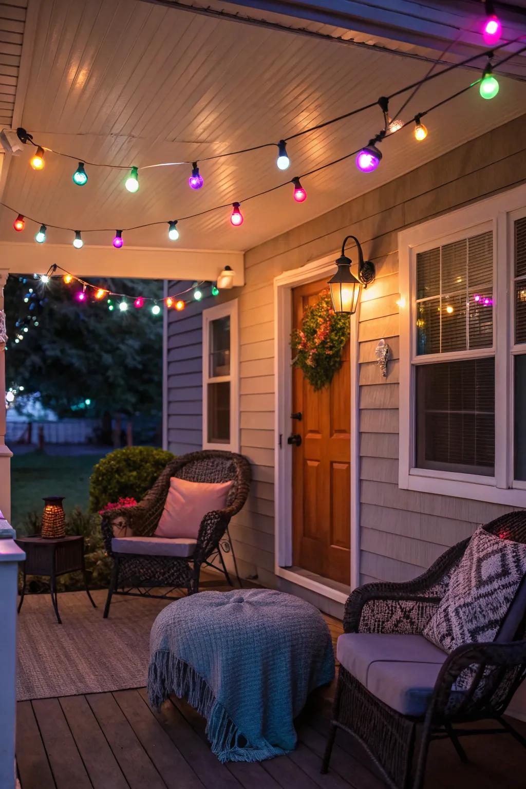 Mood lighting creates a warm and inviting atmosphere on this porch.