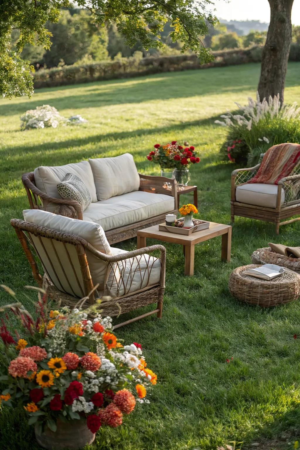 Furniture naturally integrated with garden plants.