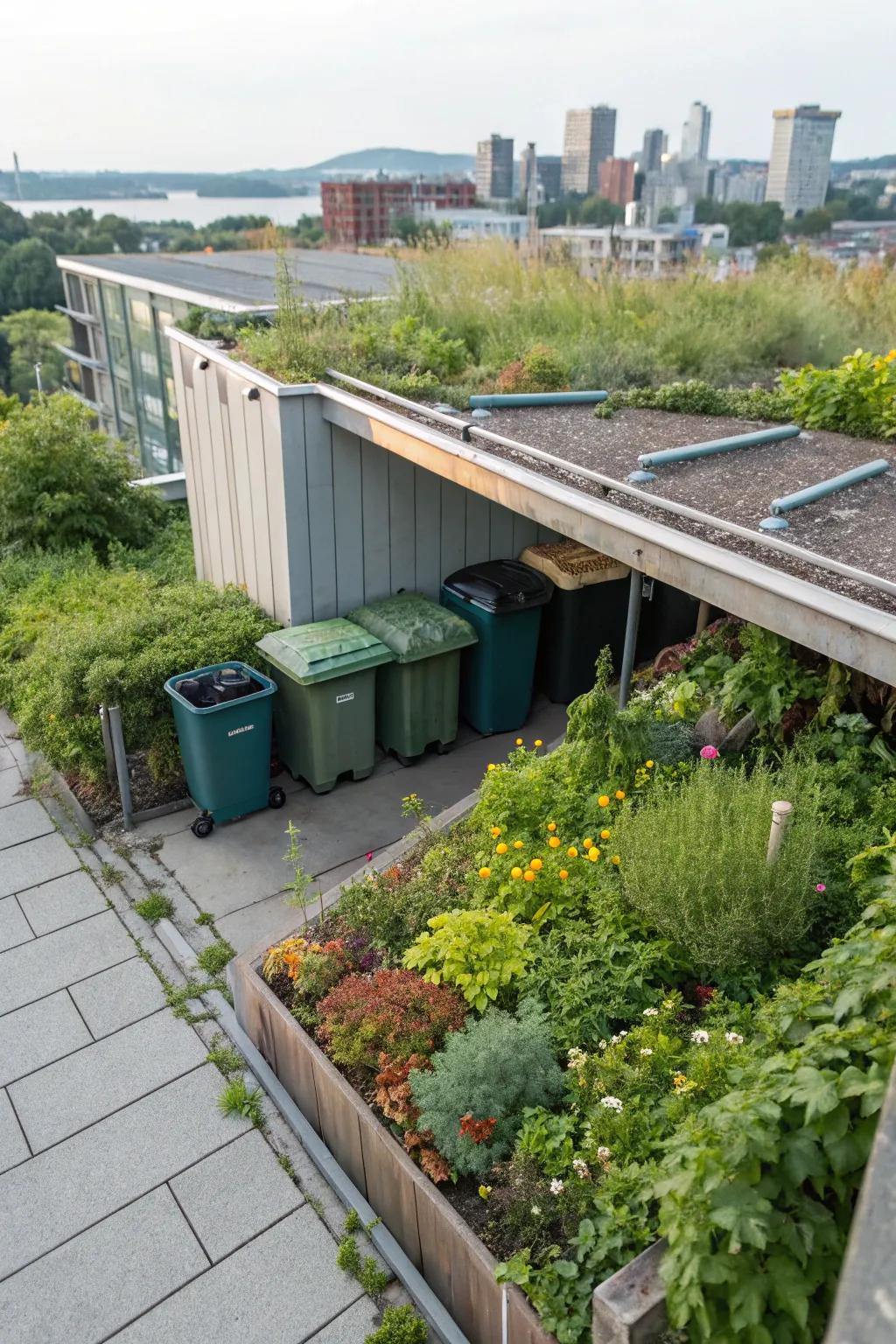 A rooftop herb garden ingeniously doubles as a cover for garbage bins.