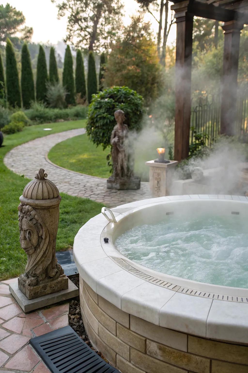 Artistic sculptures personalize and elevate your hot tub landscape.