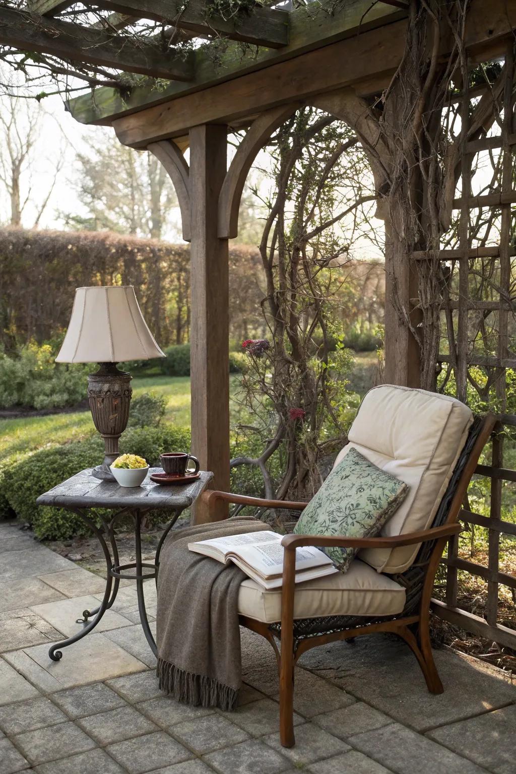 Reading nooks provide a cozy spot to enjoy books outdoors.