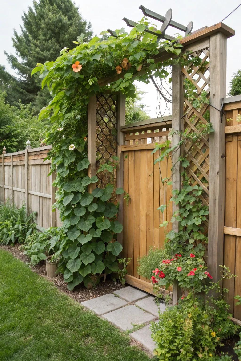 A trellis with climbing plants creates a lush vertical display.