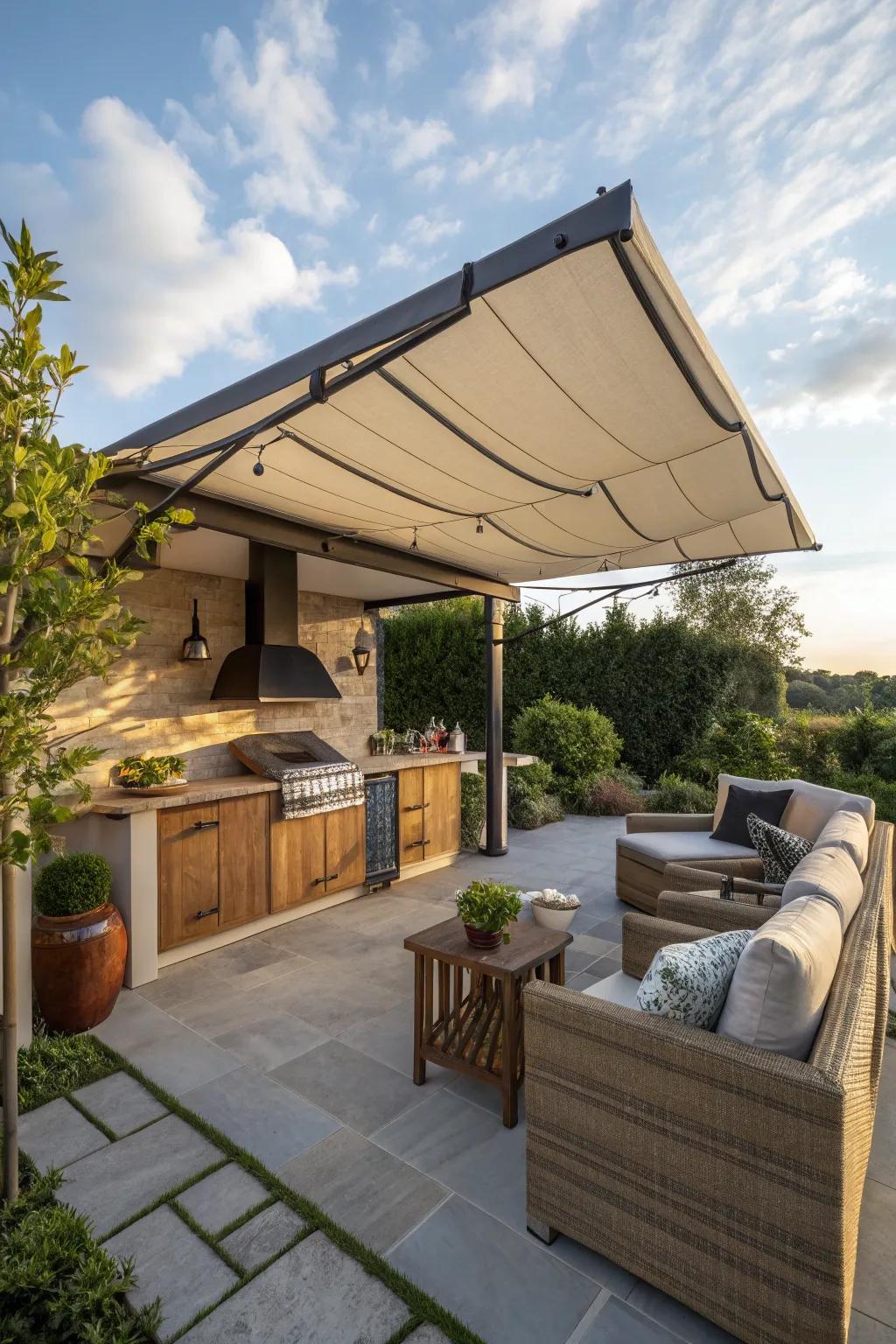 Create a cozy space with a canvas awning and side panels.