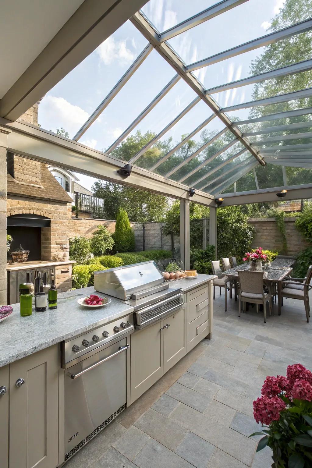 A glass pergola roof offers protection and natural light in this outdoor kitchen.