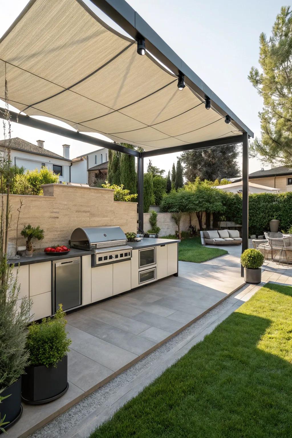 A motorized fabric canopy offers convenience and style.