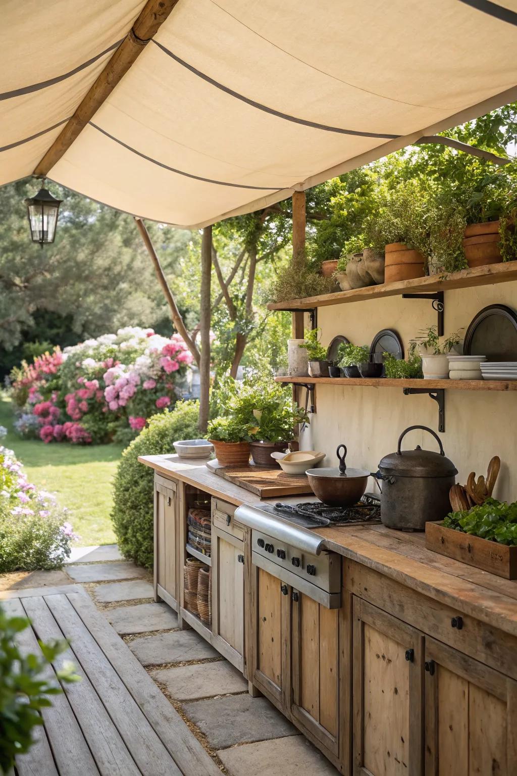 Canvas canopies lend a quaint, vintage touch to outdoor kitchens.