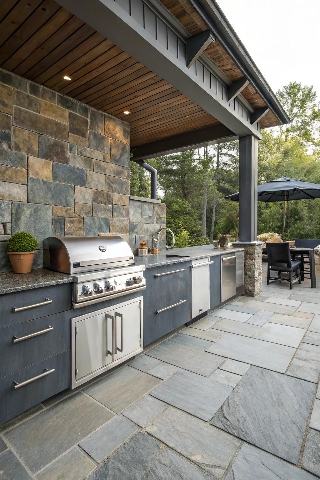 Slate tiles provide a sophisticated and durable finish to outdoor kitchens.