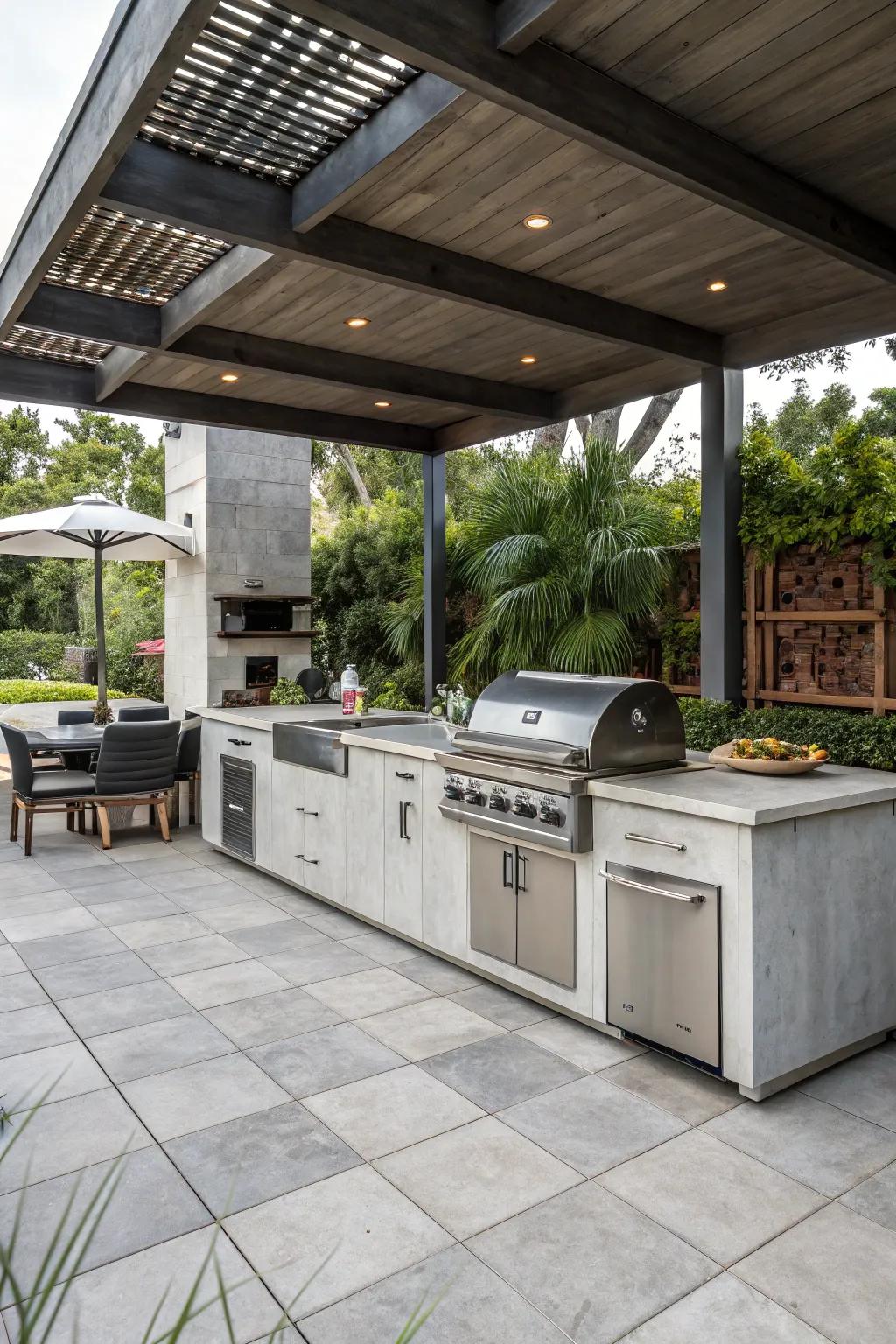 Sleek concrete tiles providing an industrial edge to an outdoor kitchen.