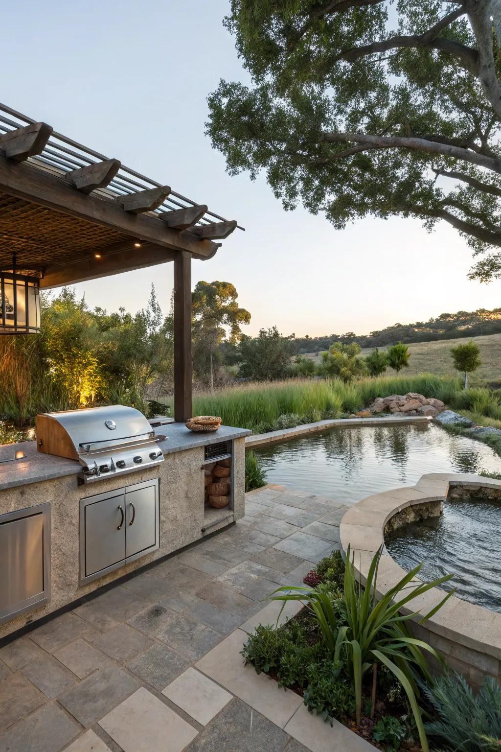 Serene outdoor kitchen with a calming water feature.