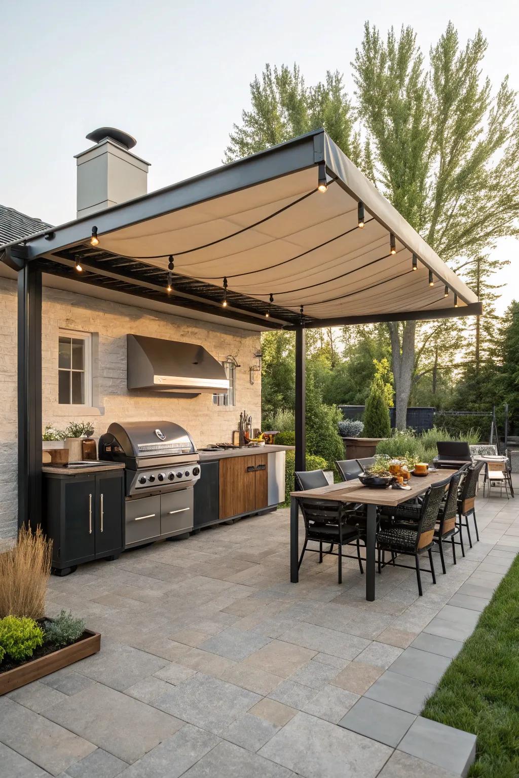 All-season outdoor kitchen with a retractable awning and offset smoker.