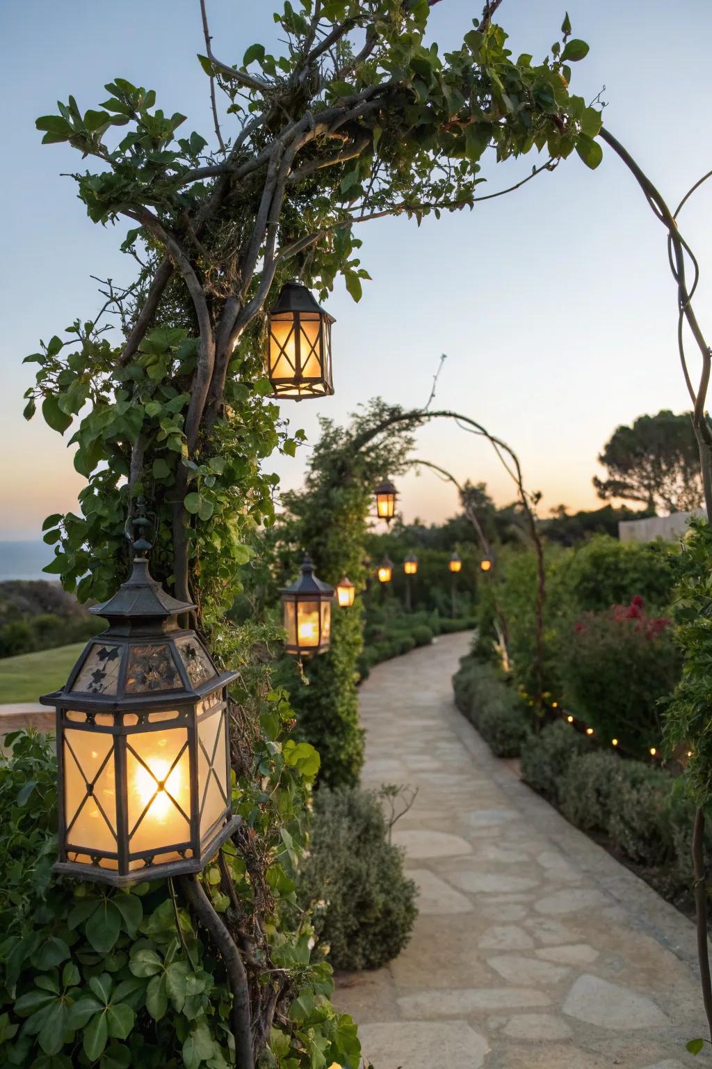 Enhance natural beauty with greenery-wrapped lanterns.