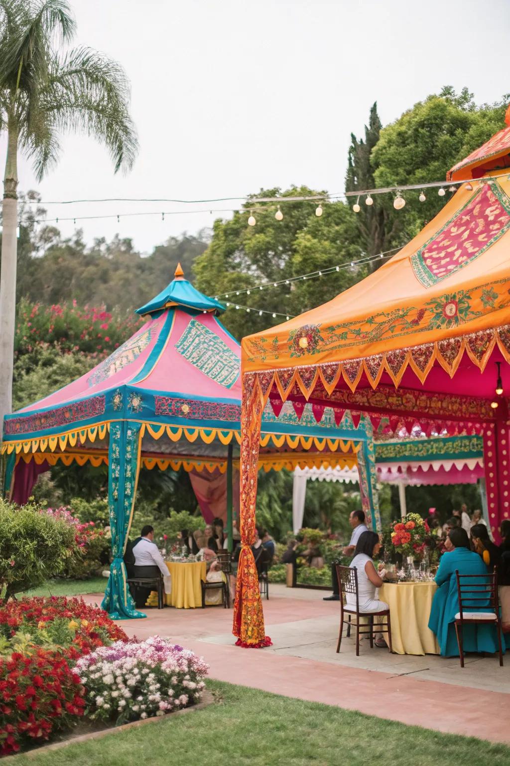Brightly colored canopy tents offer shade and style.