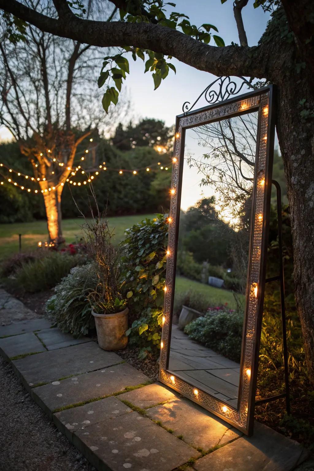 Backlit mirrors illuminate gardens beautifully.