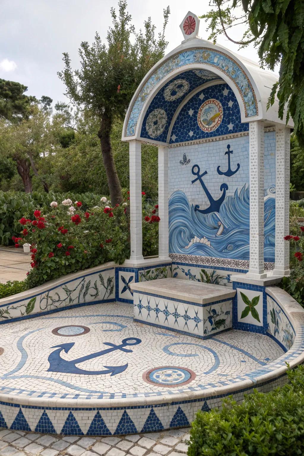 Custom mosaic installations that reflect a garden's unique theme.