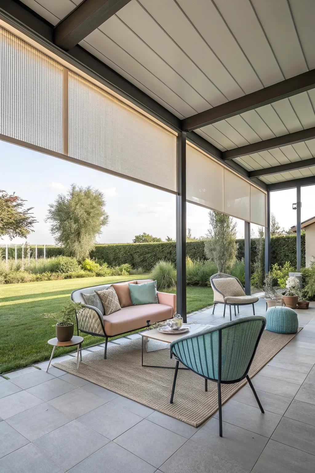 Panel track blinds for a mid-century modern patio.